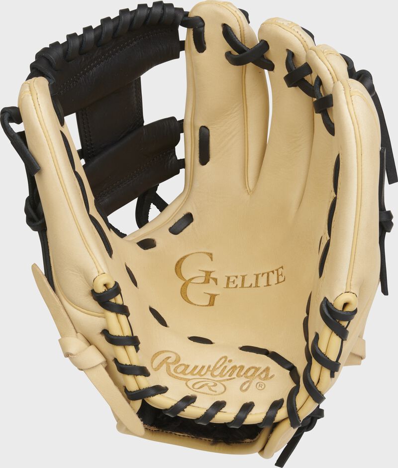 Camel palm of a Rawlings Gold Glove Elite infield glove with black laces loading=