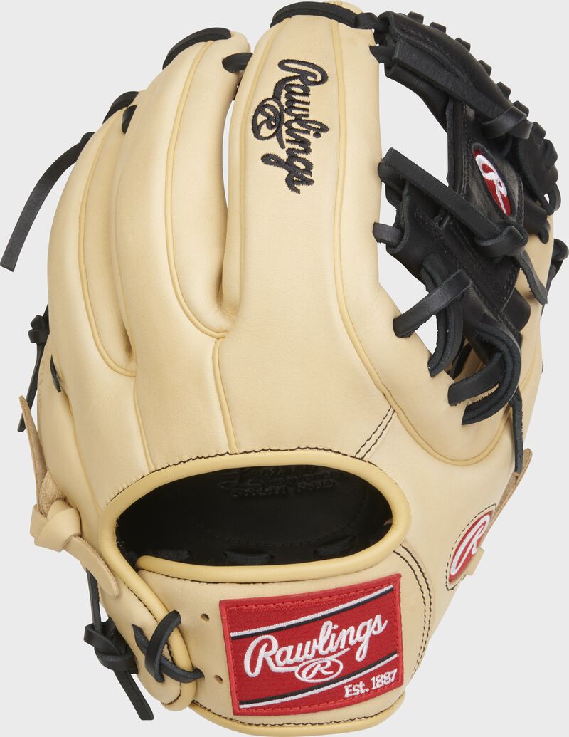 Back of a camel Gold Glove Elite 11.5" I-web glove with a red Rawlings patch loading=