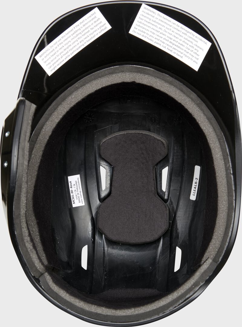 Inside padding of a black Rawlings Mach single ear helmet - SKU: MSE01A-LHB loading=