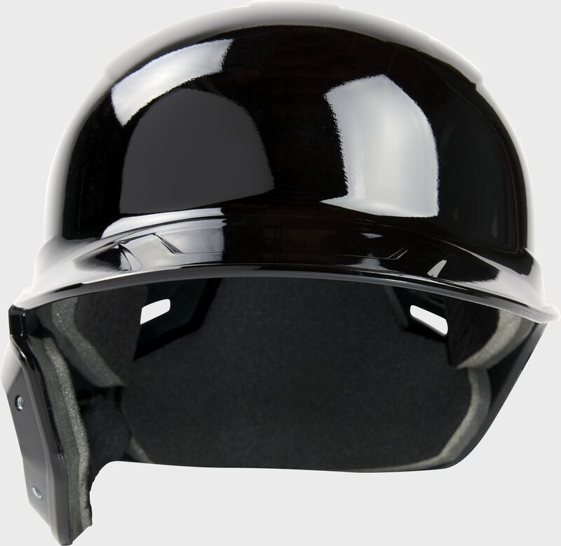 Front of a black, left handed Rawlings Mach single ear batting helmet - SKU: MSE01A-LHB loading=