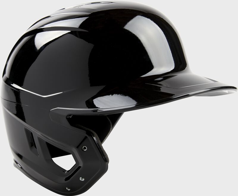 Front angle of a black Mach single ear left handed batting helmet - SKU: MES01A-LHB loading=
