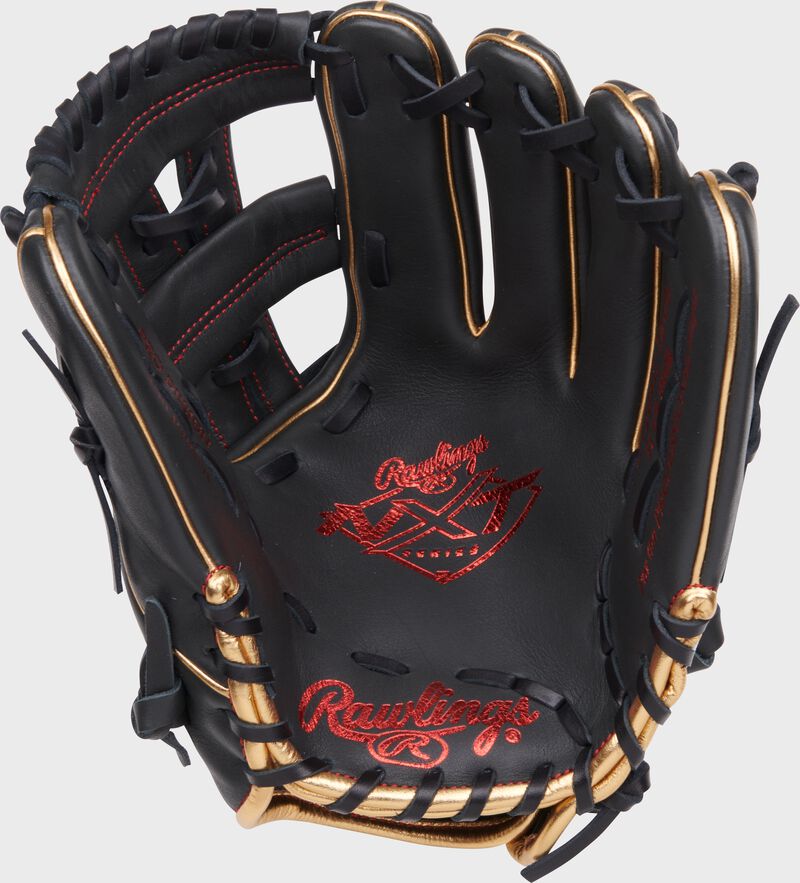 Black palm of a Rawlings NXT Series infield glove with red palm stamping and black laces loading=