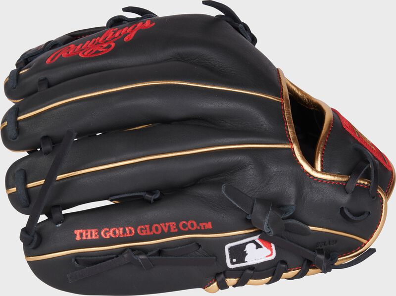 Back of a dark shadow 11.5" NXT Series ContoUR Fit infield glove with the MLB logo on the pinky loading=