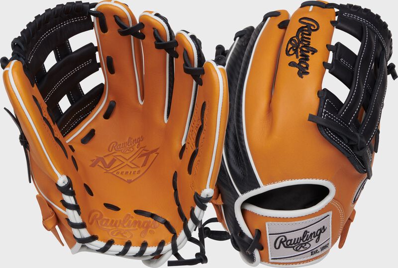2 images showing the palm & back of a tan/black NXT Series 11.75" H-web infield glove loading=