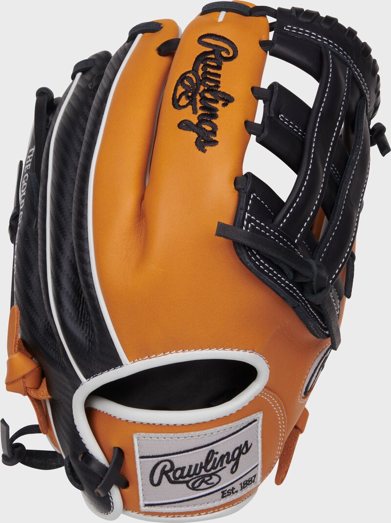 Tan/black back of a NXT Series 11.75" H-web glove with a gray Rawlings patch loading=