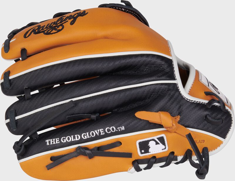 Black/tan back of a NXT Series 11.75" H-web glove with the MLB logo on the pinky loading=