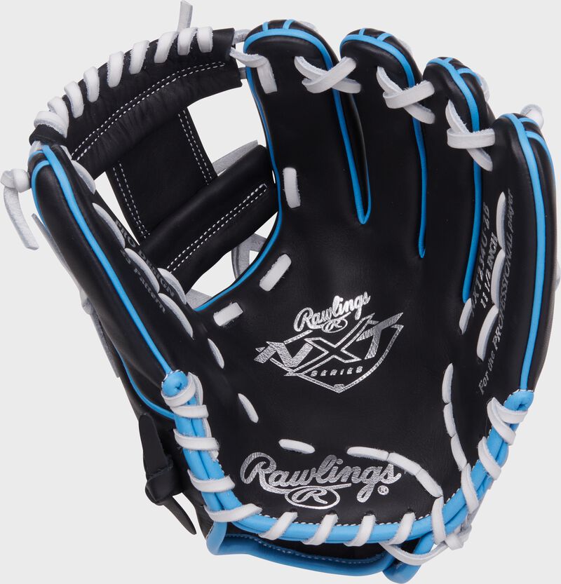 Black palm of a Rawlings NXT Series infield glove with white laces and silver stamping loading=
