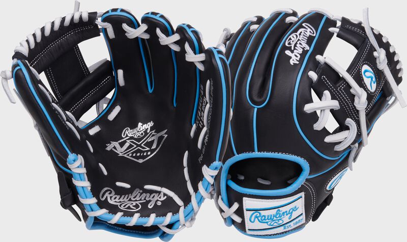 2 images showing the palm & back of a black Rawlings NXT Series 11.5" ContoUR Fit infield glove loading=