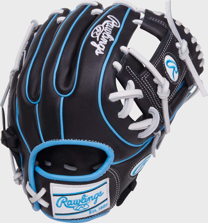 Black back of a NXT Series 11.5" I-web infield glove with a white Rawlings patch loading=