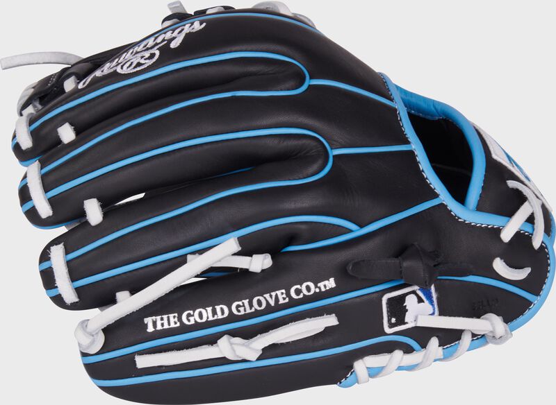 Black back of a NXT Series 11.5" infield glove with the MLB logo on the pinky loading=