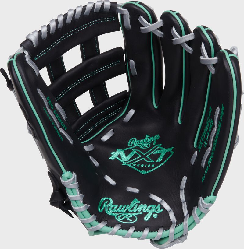 Black palm of a Rawlings NXT Series outfield glove with mint stamping and gray laces loading=