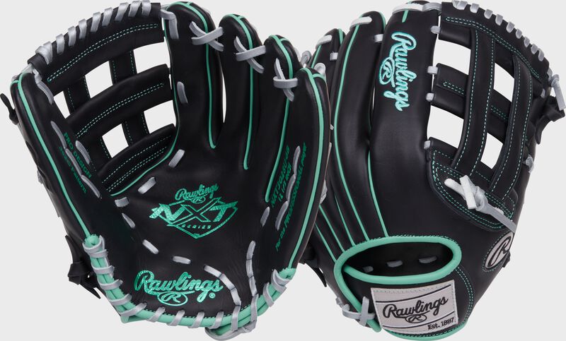 2 images showing the palm & back of a black Rawlings NXT Series 12.5" outfield glove loading=