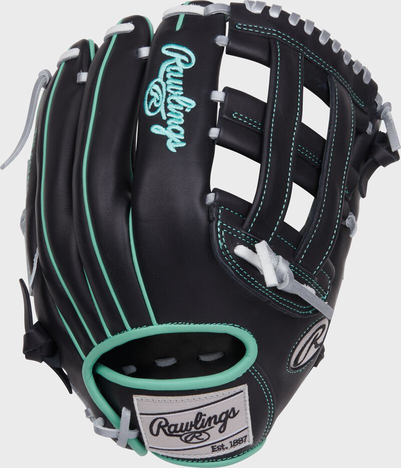 Black back of a NXT Series 12.5" H-web glove with a gray Rawlings patch loading=
