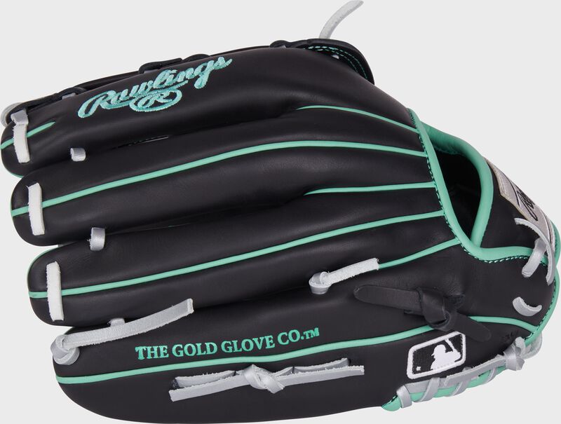 Black back of a Rawlings NXT Series 12.5" glove with the MLB logo on the pinky loading=