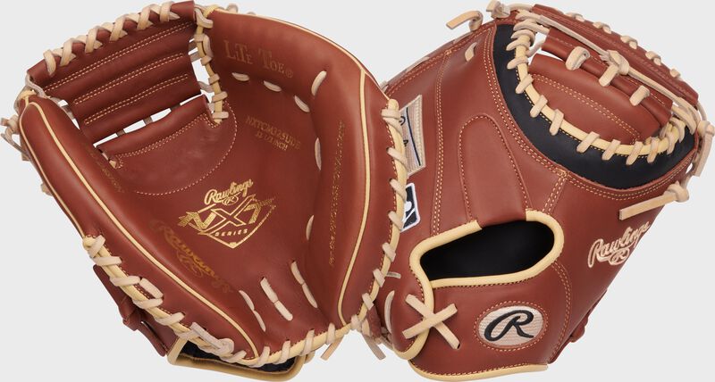 2 images showing the palm & back of a dark brown NXT Series 32.5" catcher's mitt loading=