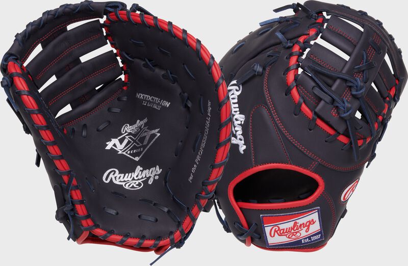 2 images showing the back & palm of a navy Rawlings NXT Series 1st base mitt loading=