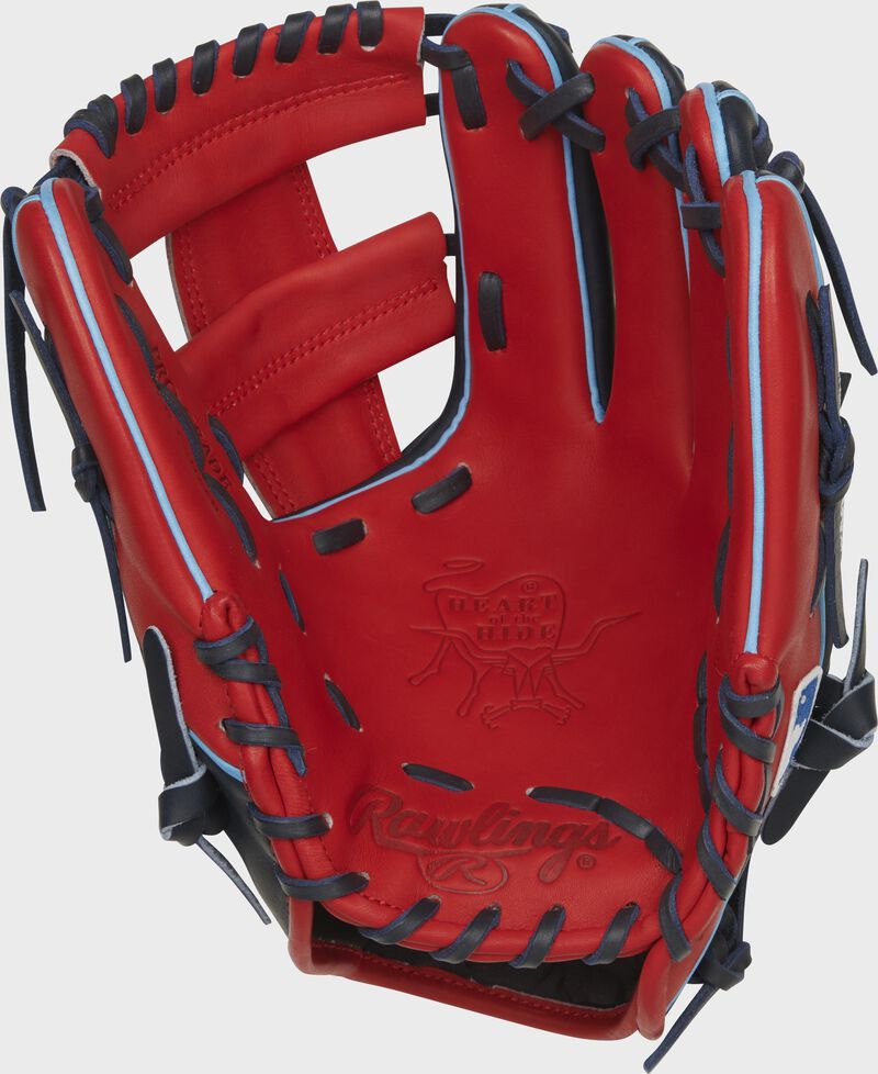 Scarlet palm of a Rawlings Minnesota Twins HOH glove with navy laces - SKU: RSGPRO204-13MIN loading=