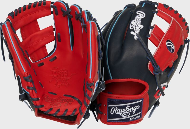 Two images showing the palm & back of a navy/scarlet Minnesota Twins Heart of the Hide glove loading=
