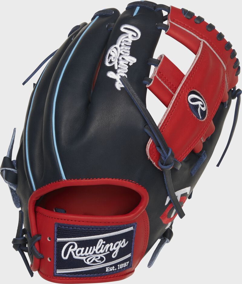 Navy back of a Minnesota Twins Heart of the Hide single post web glove with a navy Rawlings patch - SKU: RSGPRO204-13MIN loading=