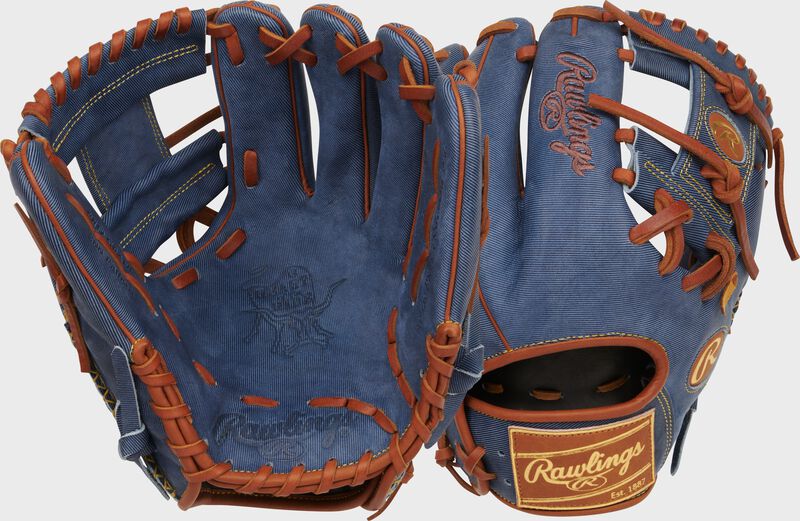 Two images showing the palm & back of a Heart of the Hide Pro Label Denim infield glove loading=