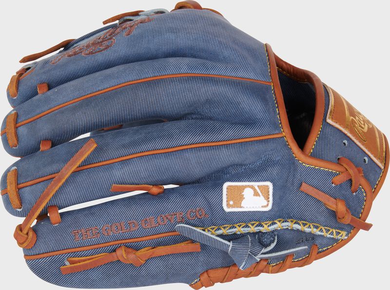 Back of a Heart of the Hide Pro Label Denim infield glove with the MLB logo on the pinky loading=