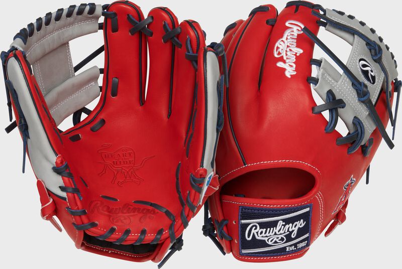 Two images showing the palm & back of a scarlet Los Angeles Angels Heart of the Hide glove loading=