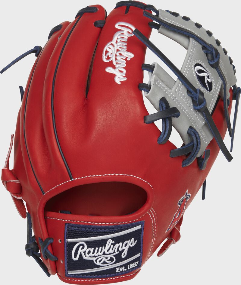 Shell back view of scarlet, gray, and navy 2021 Los Angeles Angels Heart of the Hide glove loading=