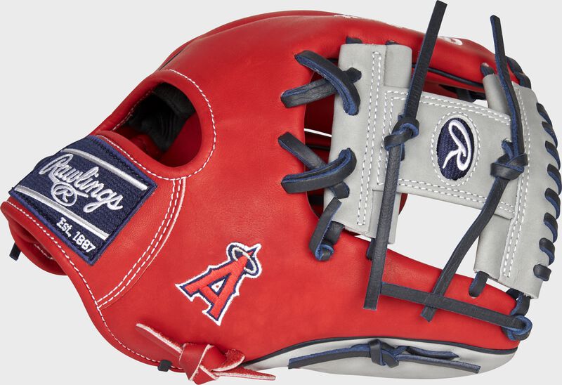 Web back view of scarlet, gray, and navy 2021 Los Angeles Angels Heart of the Hide glove loading=