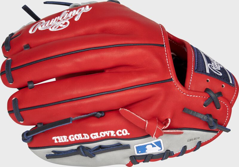 Pinky back view of scarlet, gray, and navy 2021 Los Angeles Angels Heart of the Hide glove loading=