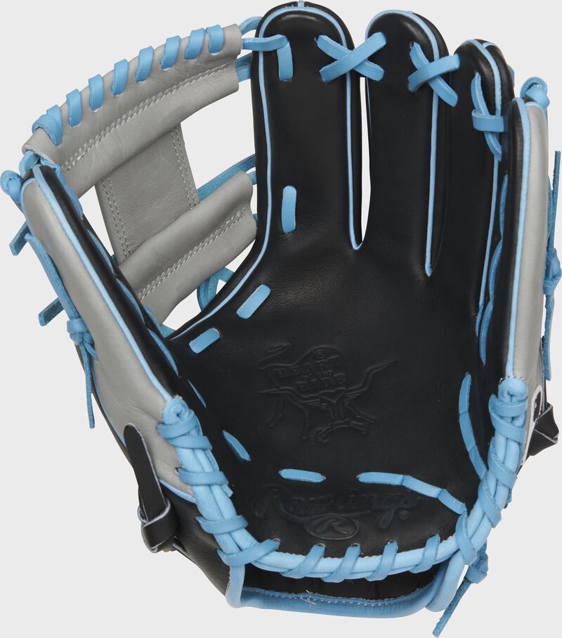 Black palm of a Rawlings Miami Marlins HOH glove with columbia blue laces - SKU: RSGPRO204-2MIA loading=