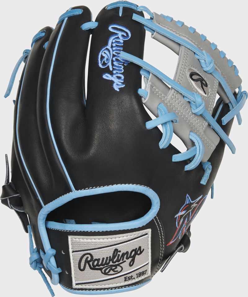 Back of a black Miami Marlins Heart of the Hide I-web glove with a gray Rawlings patch - SKU: RSGPRO204-2MIA loading=