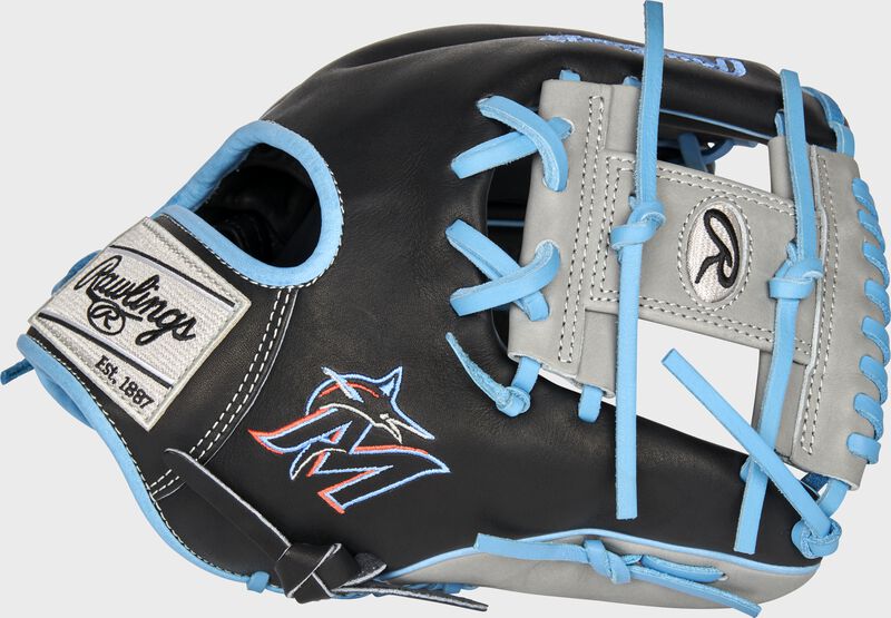 Black thumb of a 2021 Miami Marlins Heart of the Hide glove with the Marlins logo on the thumb - SKU: RSGPRO204-2MIA loading=