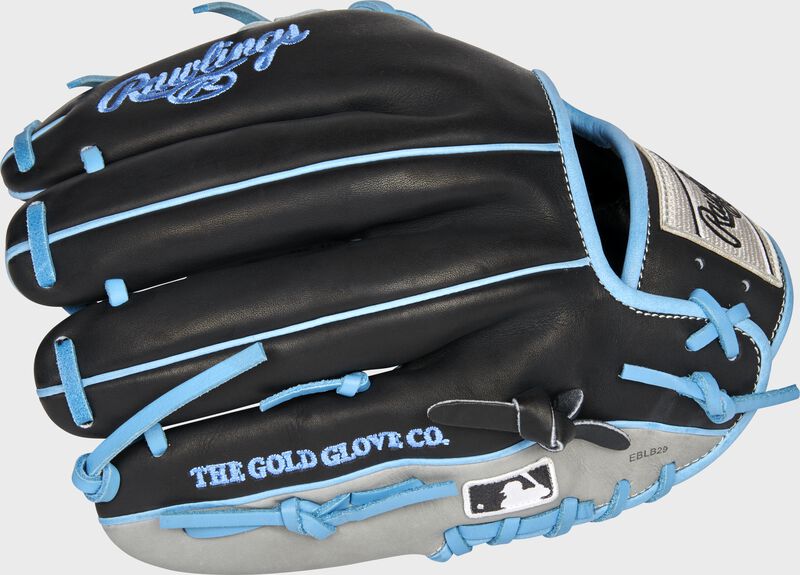 Back of a black Miami Marlins Heart of the Hide infield glove with the MLB logo on the pinky - SKU: RSGPRO204-2MIA loading=