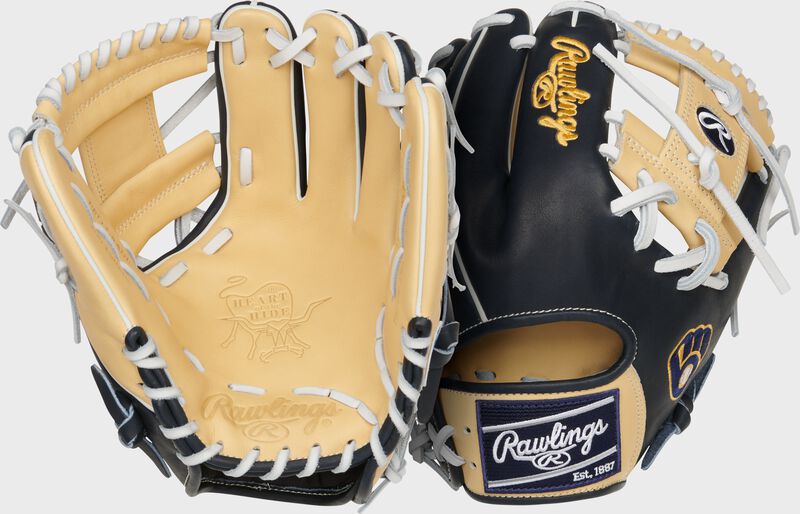 Two images showing the palm & back of a camel/navy Milwaukee Brewers Heart of the Hide glove loading=