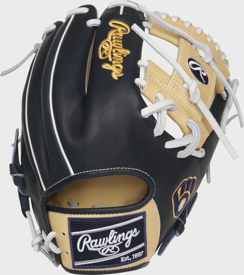 Navy back of a Milwaukee Brewers Heart of the Hide I-web glove with a navy Rawlings patch - SKU: RSGPRO204-2MIL loading=