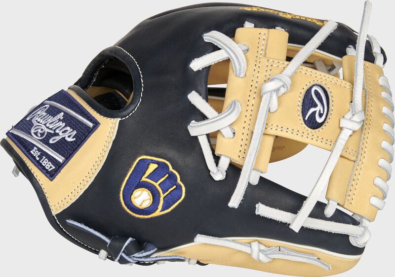 Thumb of a 2021 Milwaukee Brewers Heart of the Hide glove with the Brewers logo on the thumb - SKU: RSGPRO204-2MIL loading=