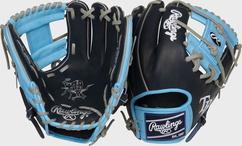 Two images showing the palm & back of a black/columbia blue Tampa Bay Rays Heart of the Hide glove loading=