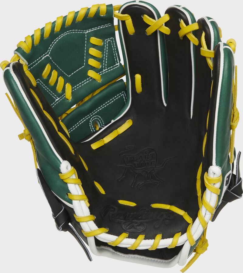 Black palm of a Rawlings Oakland Athletics HOH glove with yellow laces - SKU: RSGPRO204W-30OAK loading=