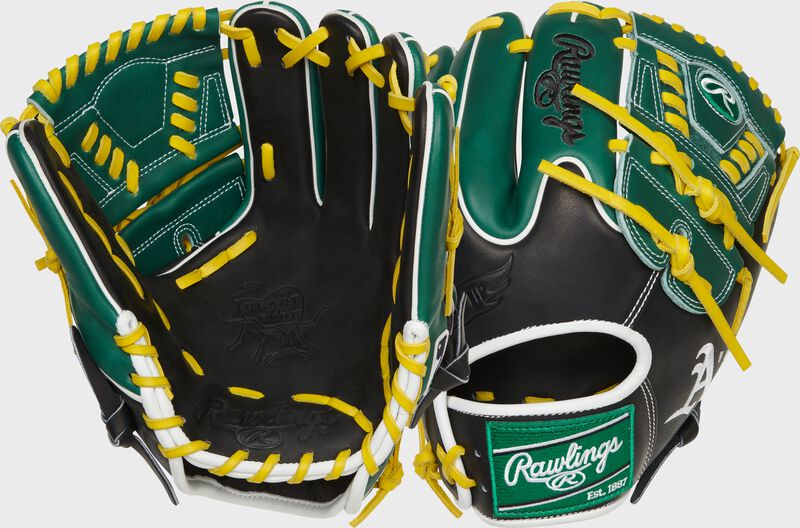 Two images showing the palm & back of a black/green Oakland Athletics Heart of the Hide glove loading=