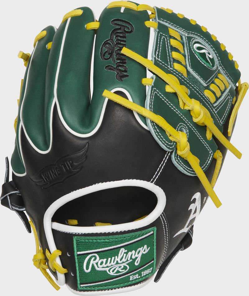 Green/black Wing Tip back of an Oakland Athletics Heart of the Hide glove with a green Rawlings patch - SKU: RSGPRO204W-30OAK loading=