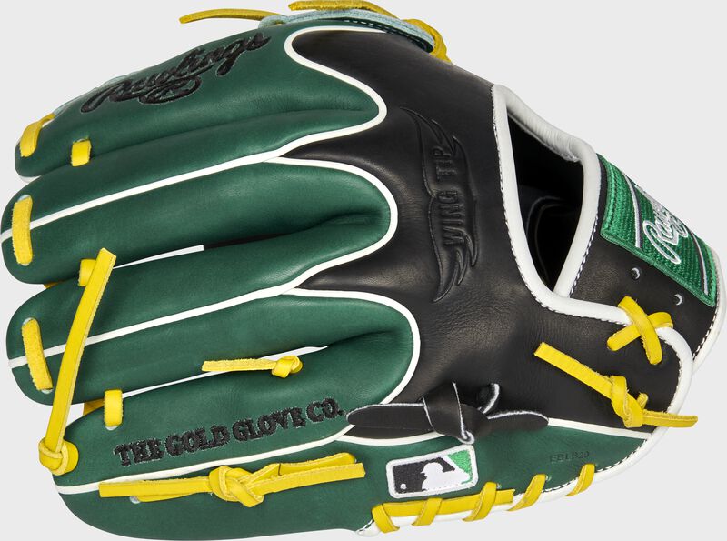 Green/black back of an Oakland Athletics Heart of the Hide infield/pitcher's glove with the MLB logo on the pinky - SKU: RSGPRO204W-30OAK loading=