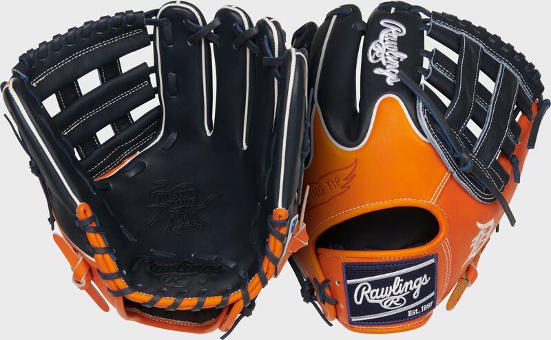 Two images showing the palm & back of a navy/orange Detroit Tigers Heart of the Hide glove loading=