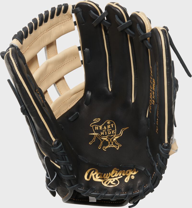Black palm of a Rawlings Gameday 57 Series Fernando Tatís Jr. Heart of the Hide Glove with gold stamping and black laces loading=