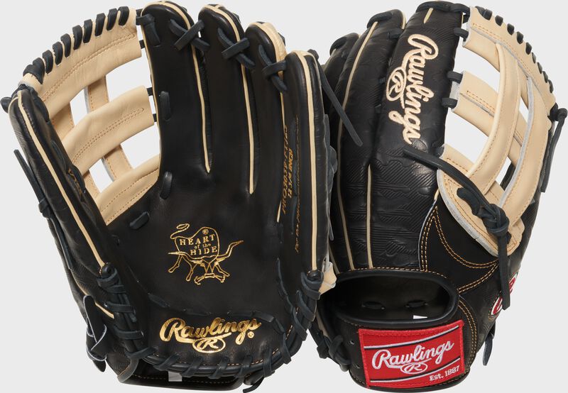 Two images showing the palm & back of a Gameday 57 Series Fernando Tatís Jr. Heart of the Hide Glove loading=
