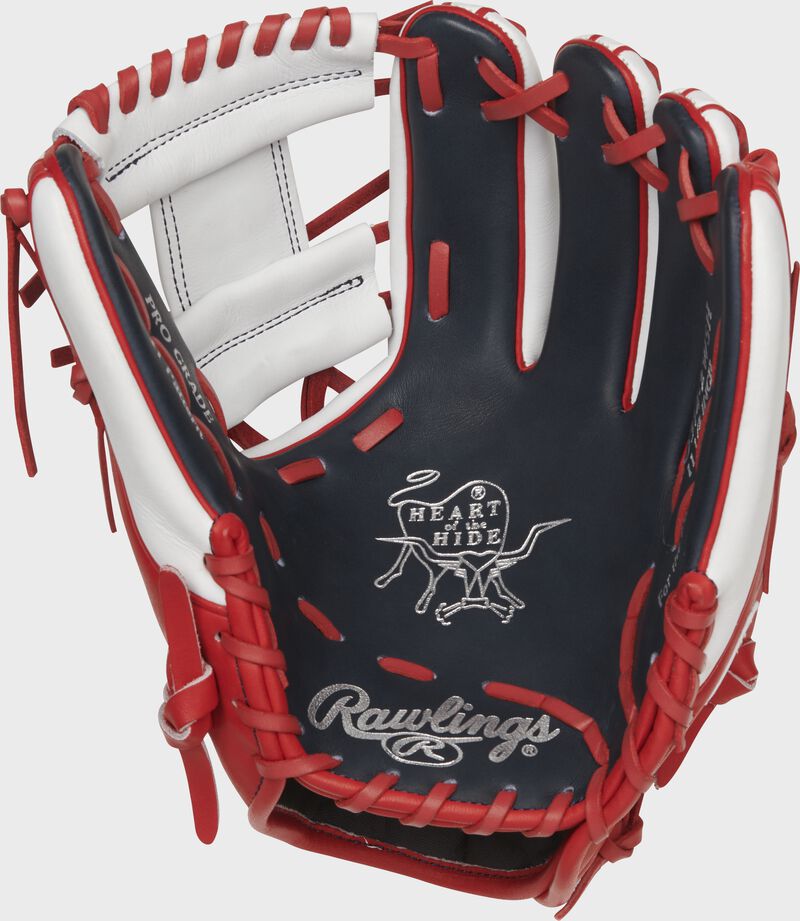 Shell palm view of scarlet and white 2021 Washington Nationals Heart of the Hide glove loading=