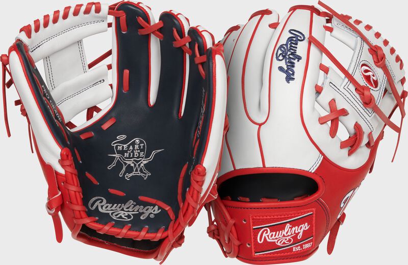 Two images showing the palm & back of a scarlet/white/black Washington Nationals Heart of the Hide glove loading=