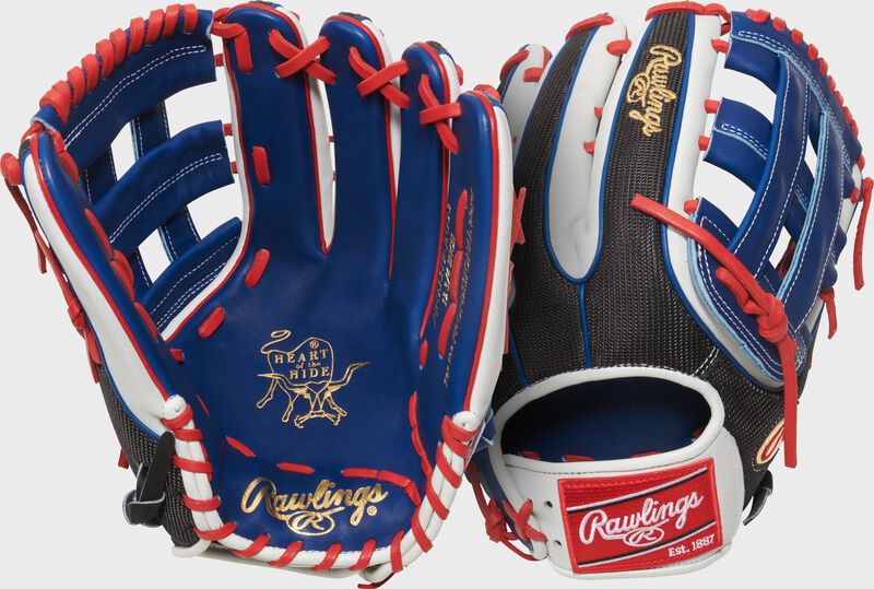 Two images showing the palm & back of a black mesh/white/royal Gameday 57 Series Adolis García Heart of the Hide Glove loading=