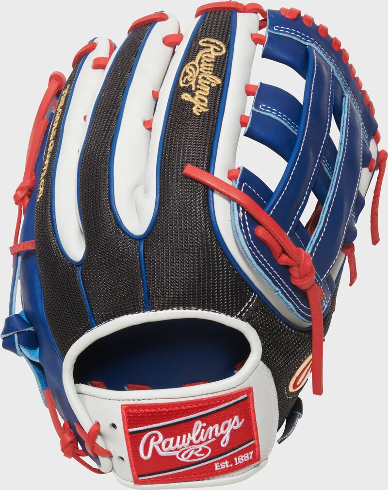 Black mesh back of a Gameday 57 Series Adolis García Heart of the Hide Glove with a red Rawlings patch loading=