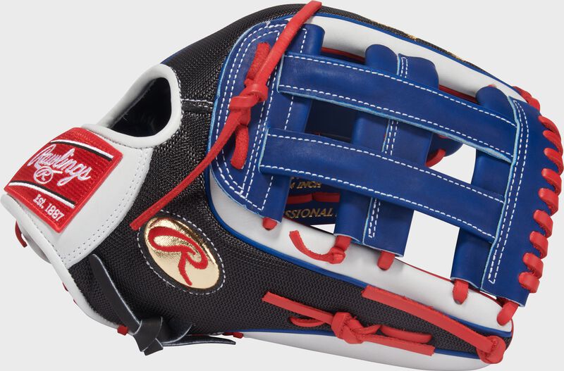 Thumb of a Gameday 57 Series Adolis García Heart of the Hide Glove with a gold Oval R and royal H-web loading=