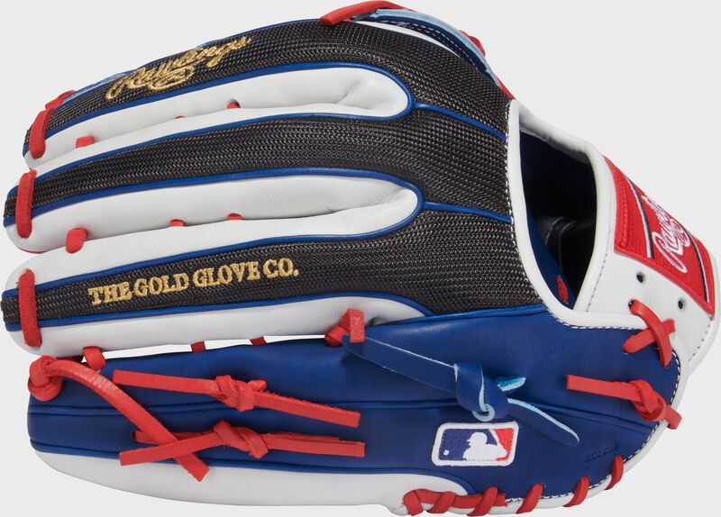Back of a Gameday 57 Series Adolis García Heart of the Hide Glove with the MLB logo on the pinky loading=